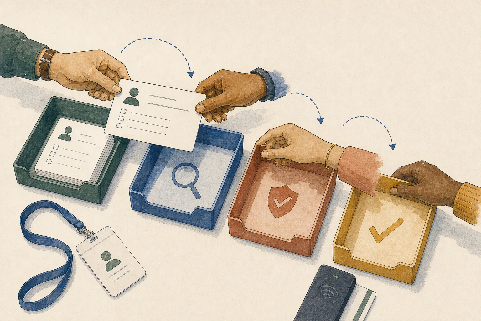 A request card moving through review, security, and completion trays