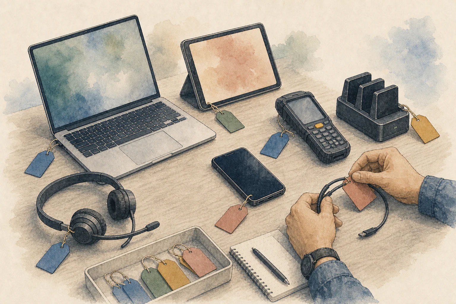 A practical set of tagged laptops, tablets, phones, scanners, and support equipment