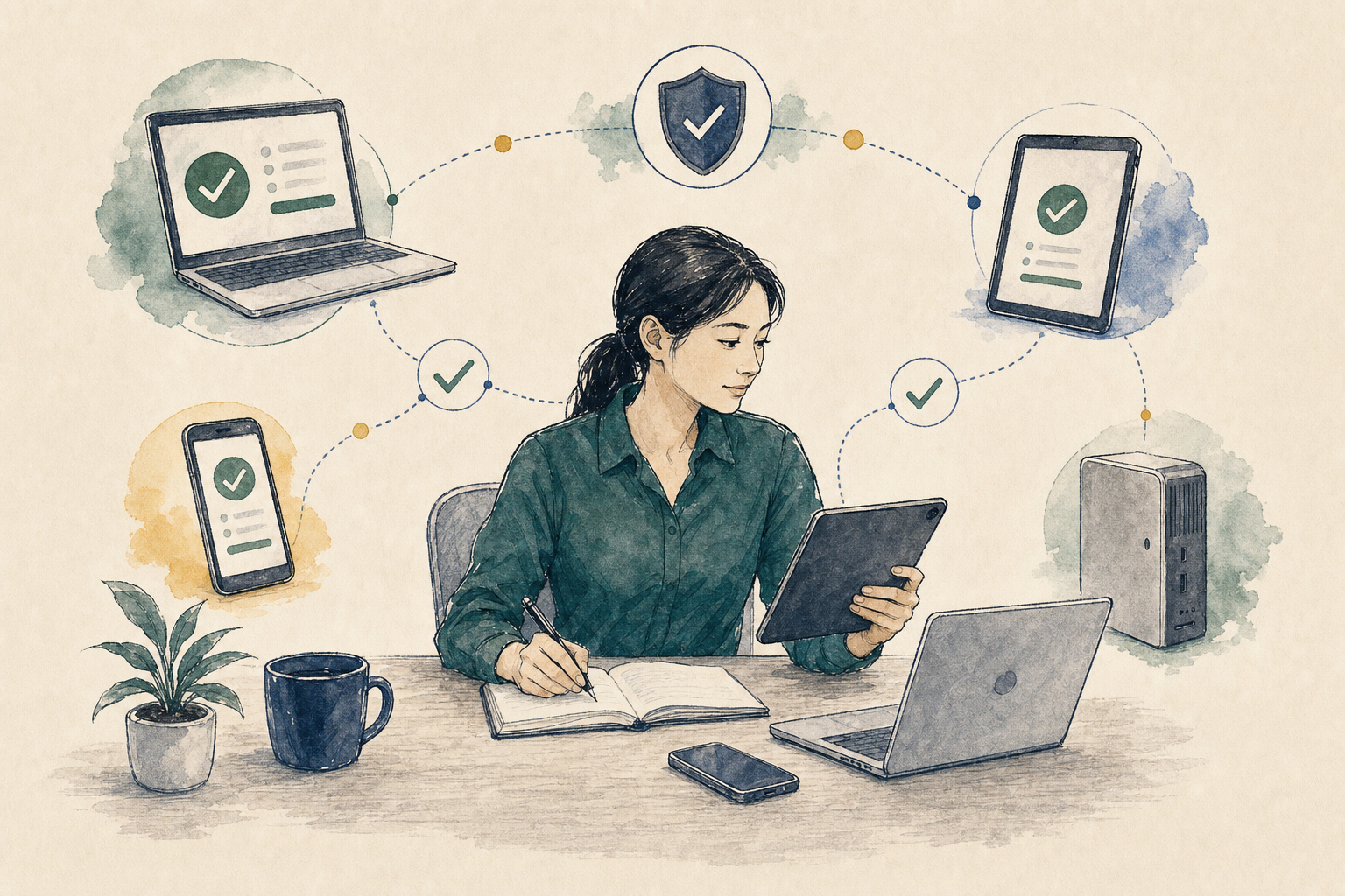 Operations specialist checking readiness across laptops, phones, tablets, and endpoints