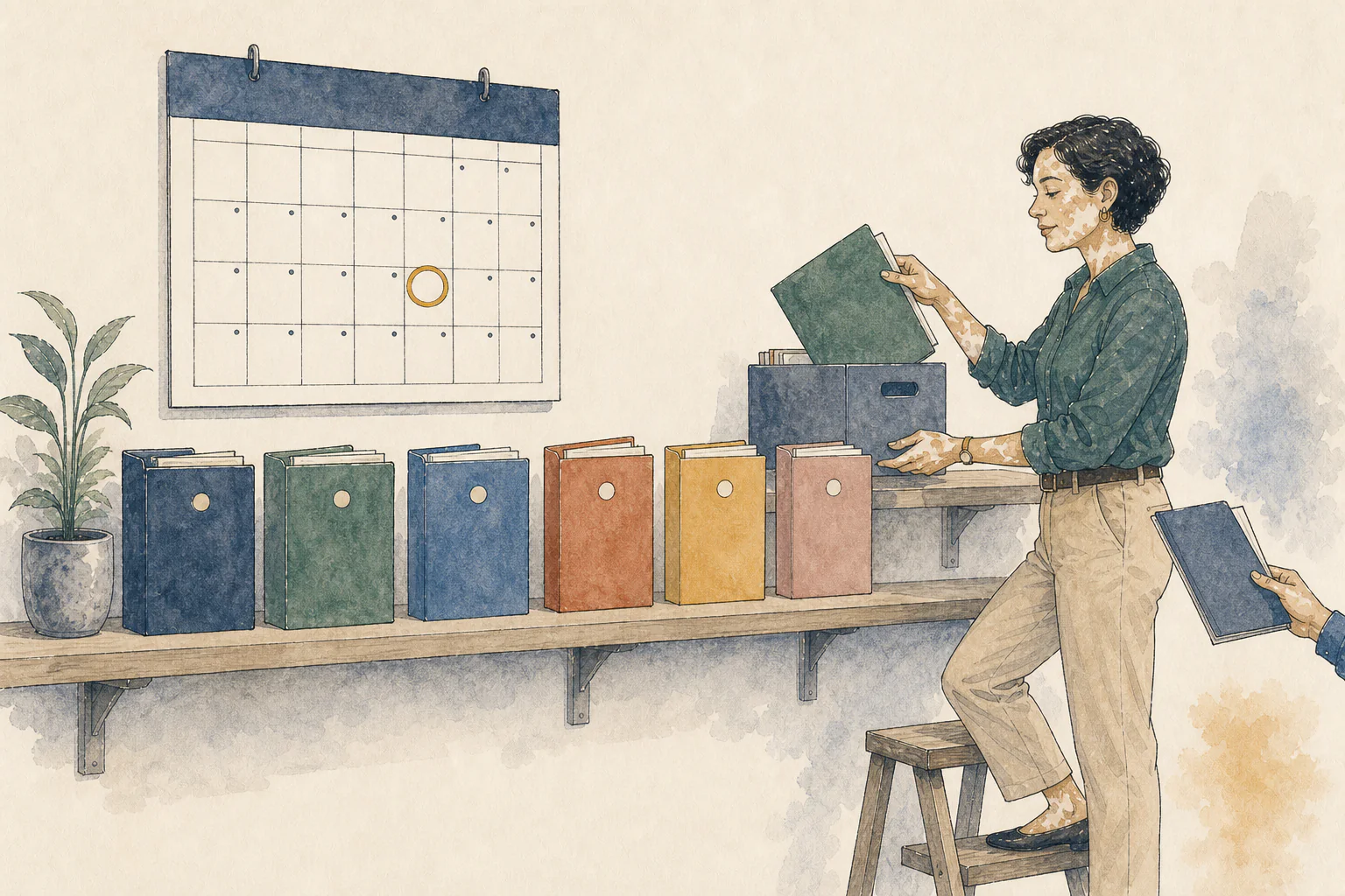 An operations specialist archiving a completed monthly review folder