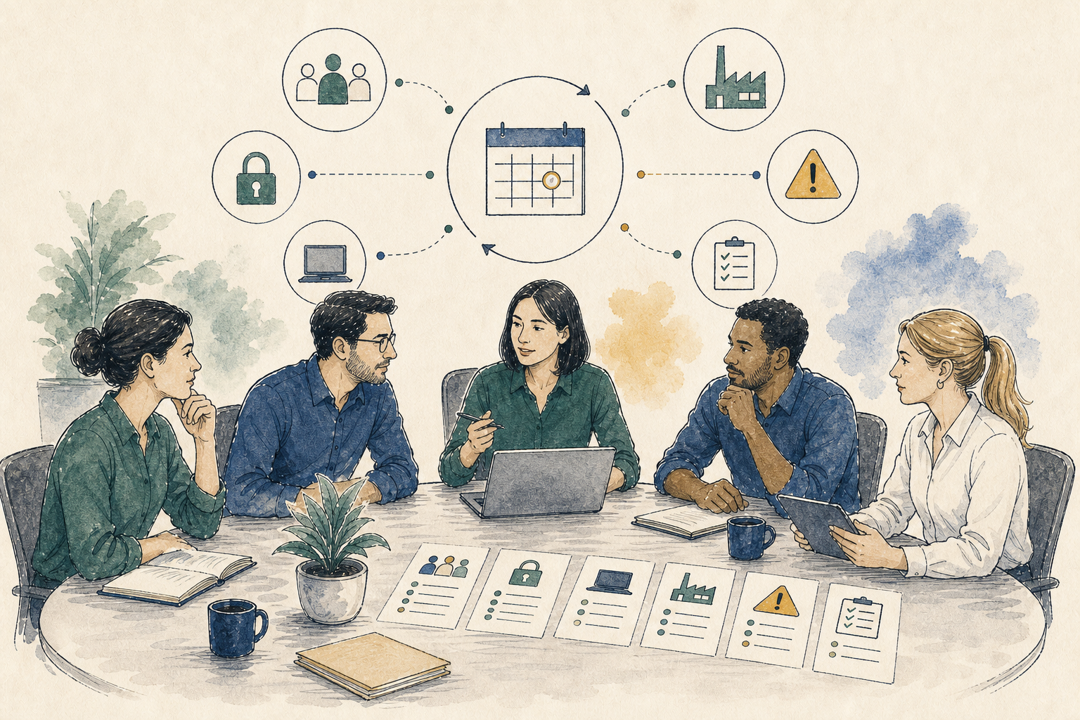 Operations team reviewing people, access, devices, vendors, and exceptions