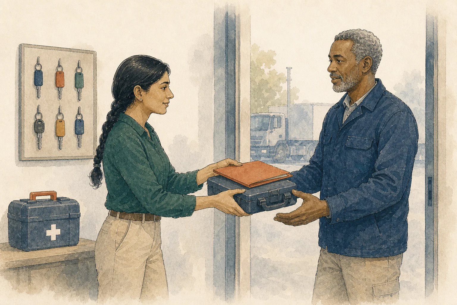 Two colleagues transferring a continuity case and handover folder between shifts