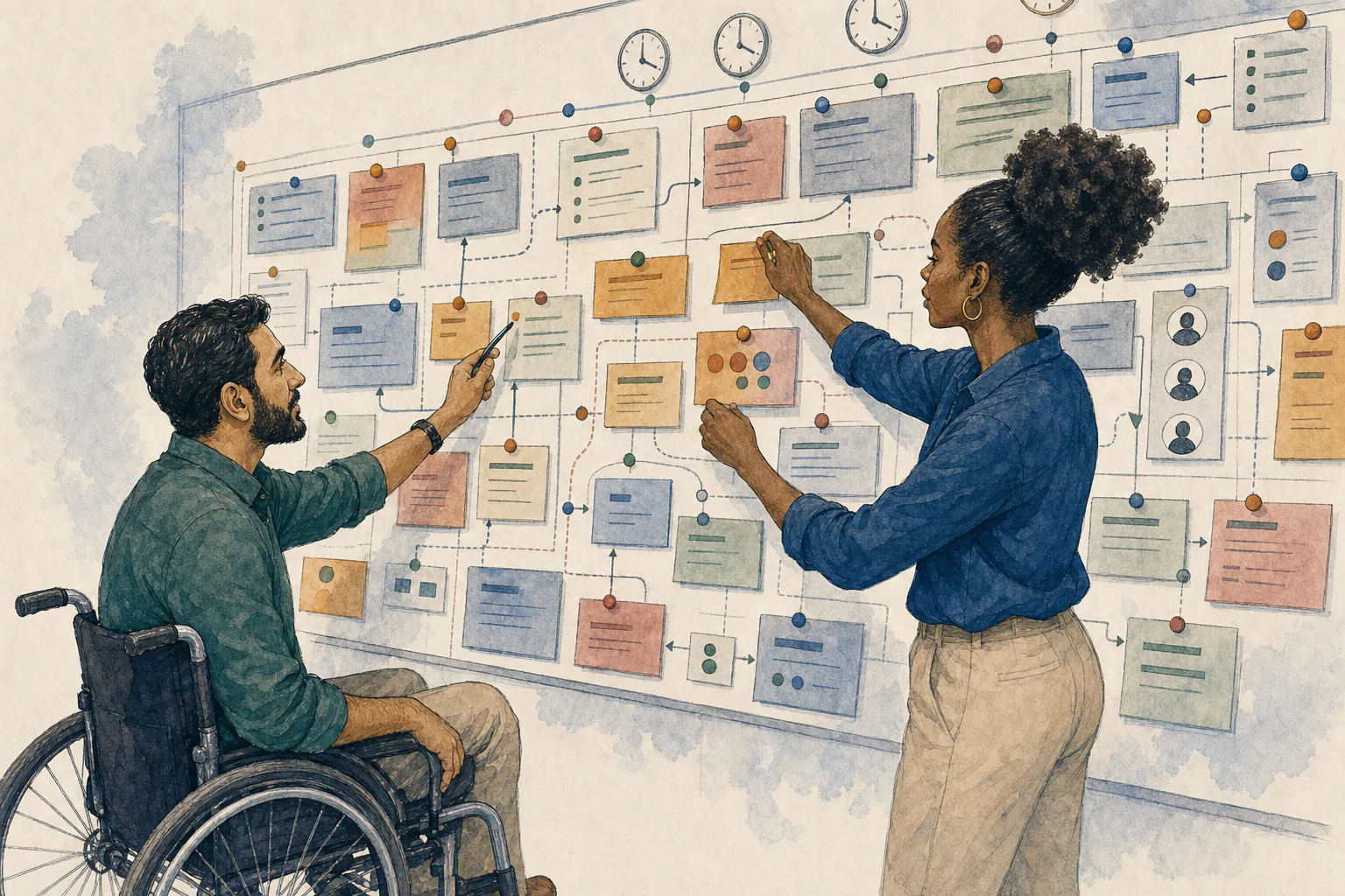 Two operations leads reviewing dependencies on a shared visual planning wall