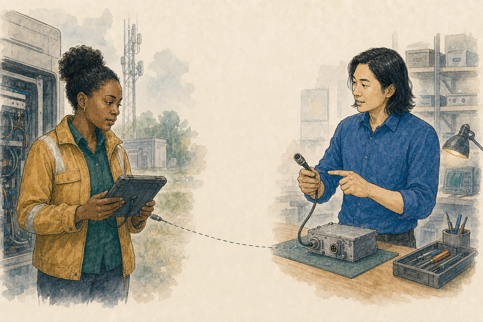 A field worker and support specialist diagnosing a device issue across two environments