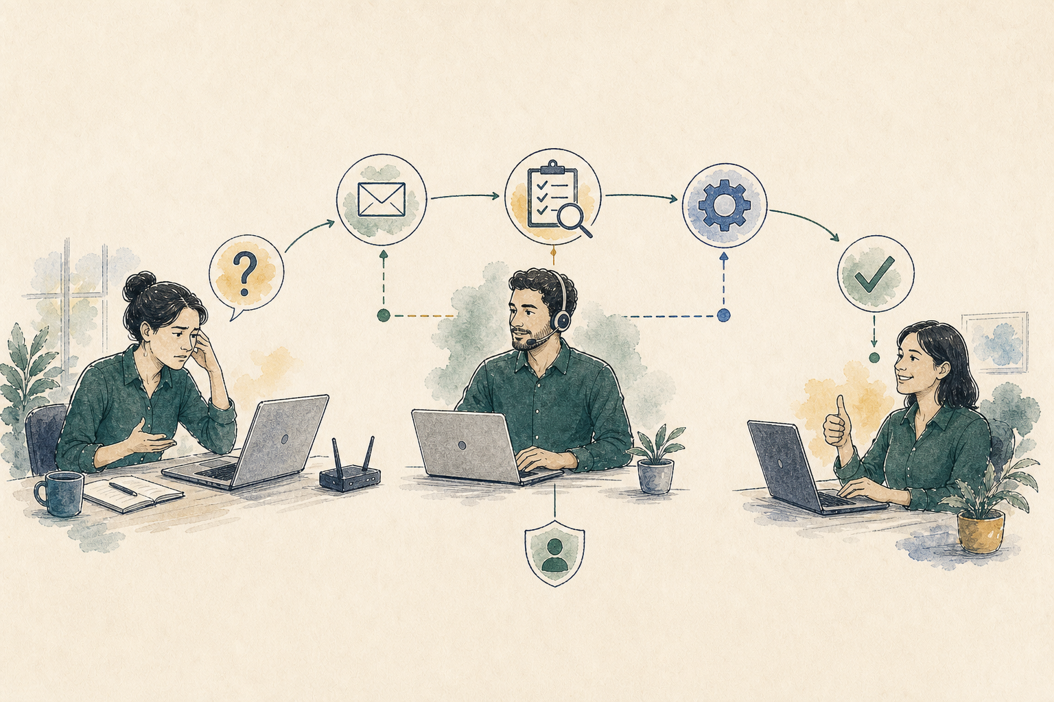 Remote worker moving through a coordinated support route from request to resolution