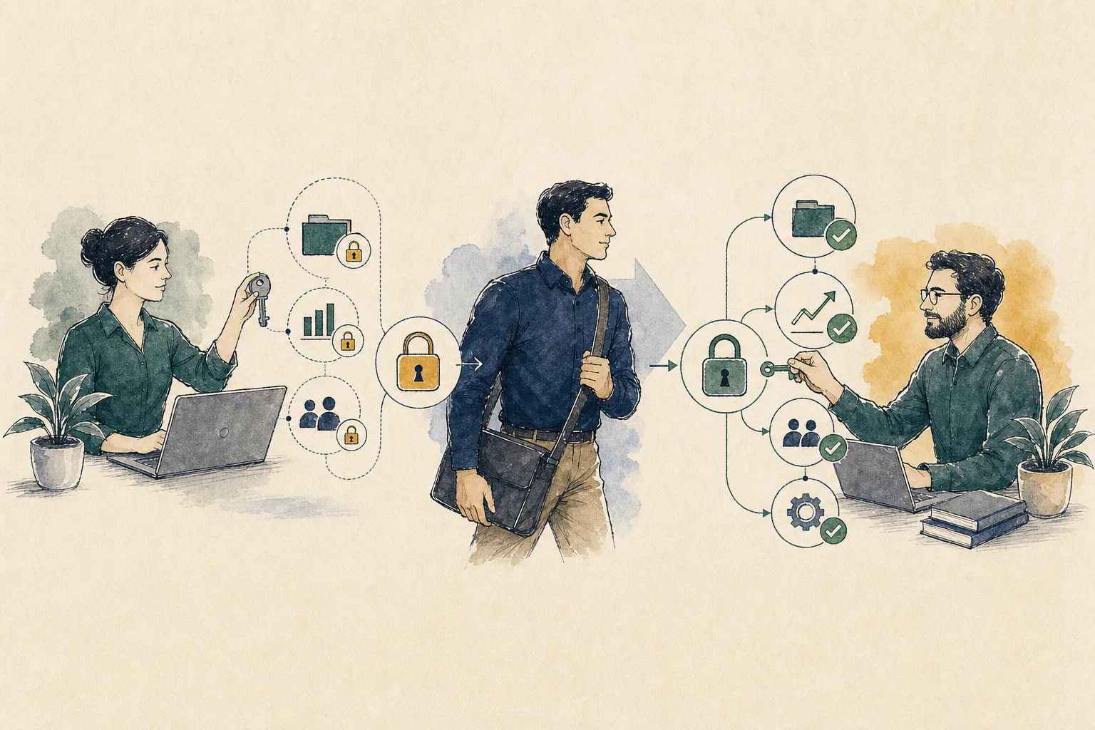 Operations specialists changing access and ownership as a worker moves roles