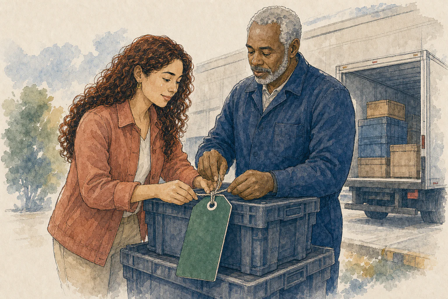 An operations owner and vendor lead attaching a clear ownership tag to a delivery crate