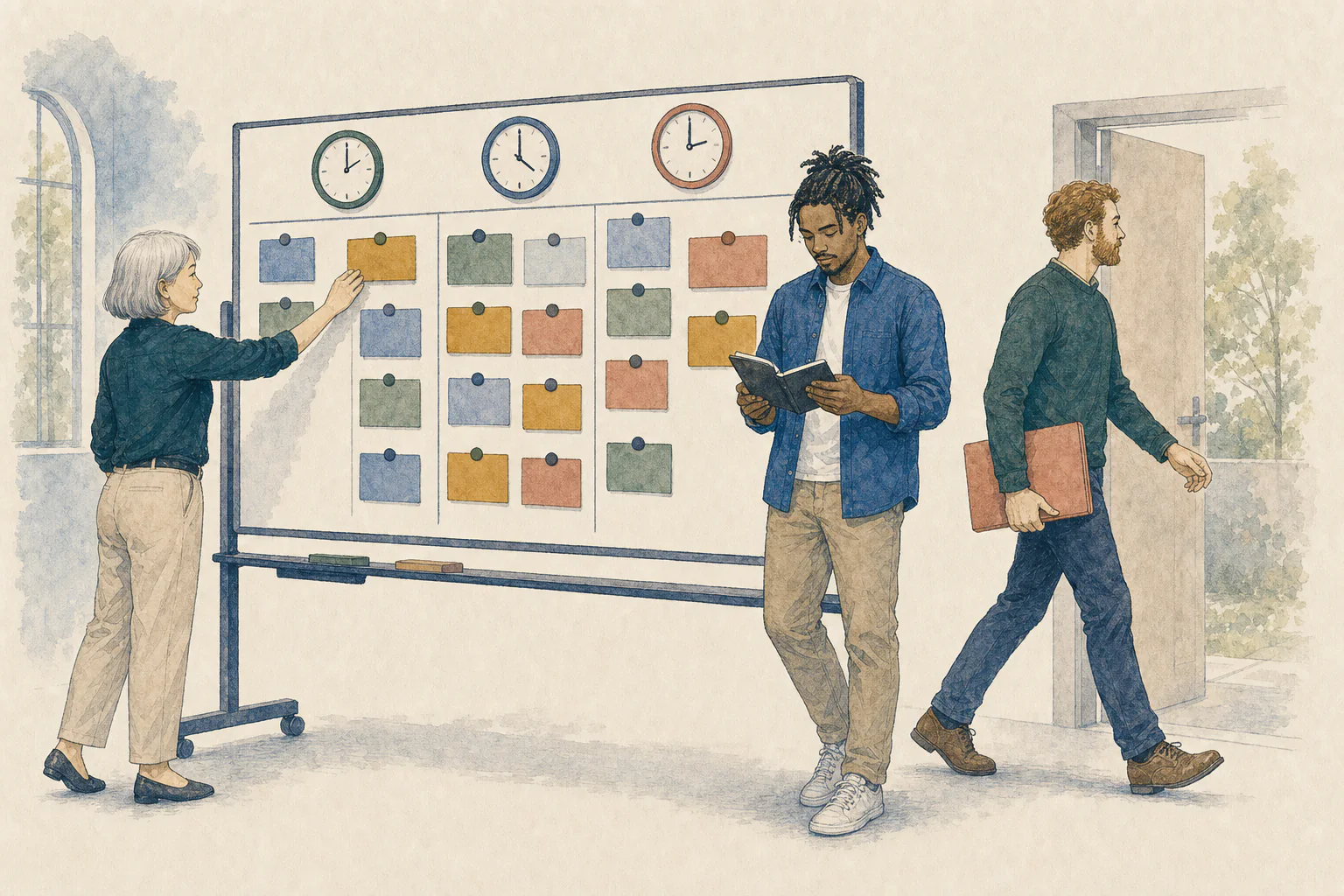 A diverse workforce coordinating shifts around a shared planning board