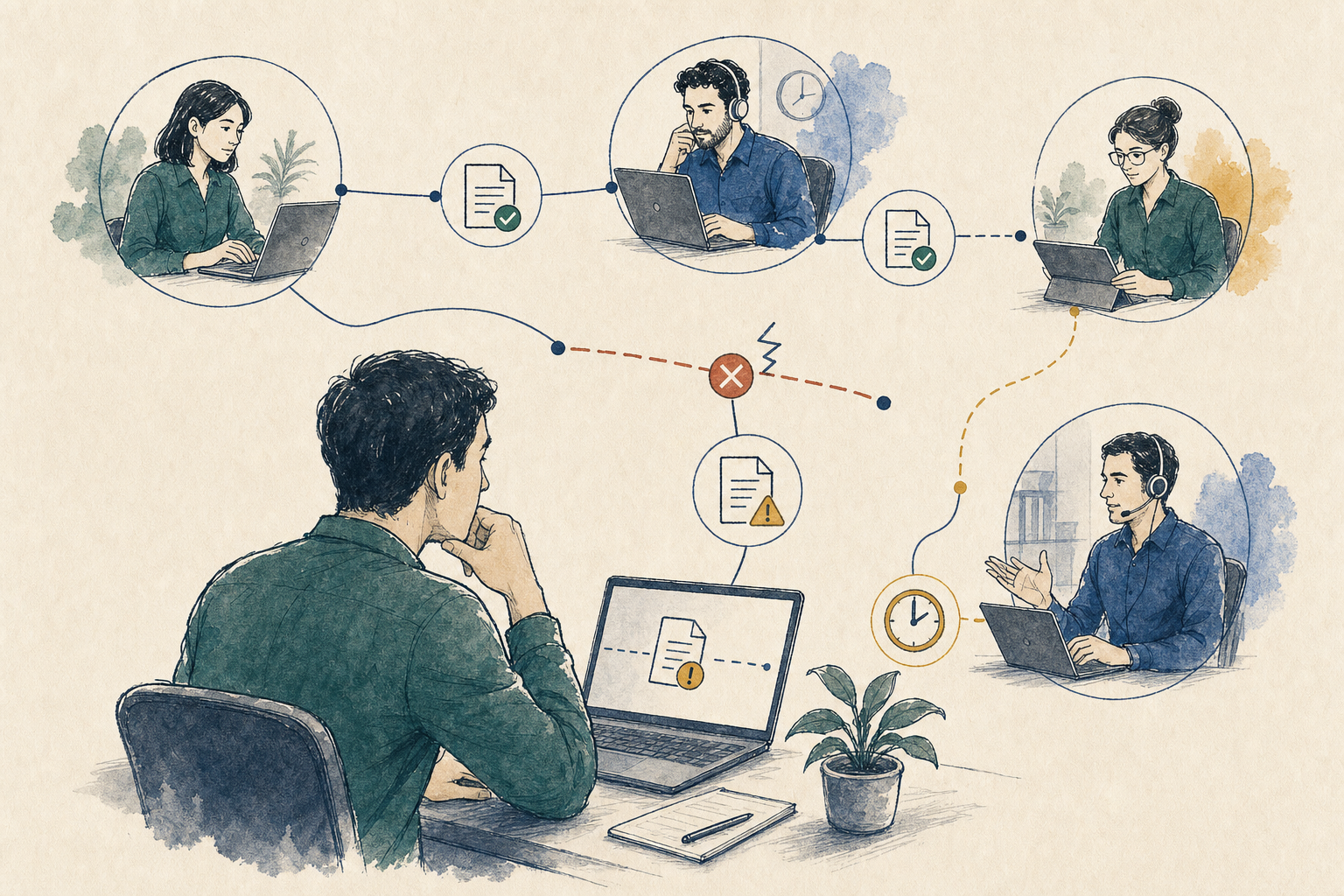 Distributed colleagues working to restore a broken workflow handoff