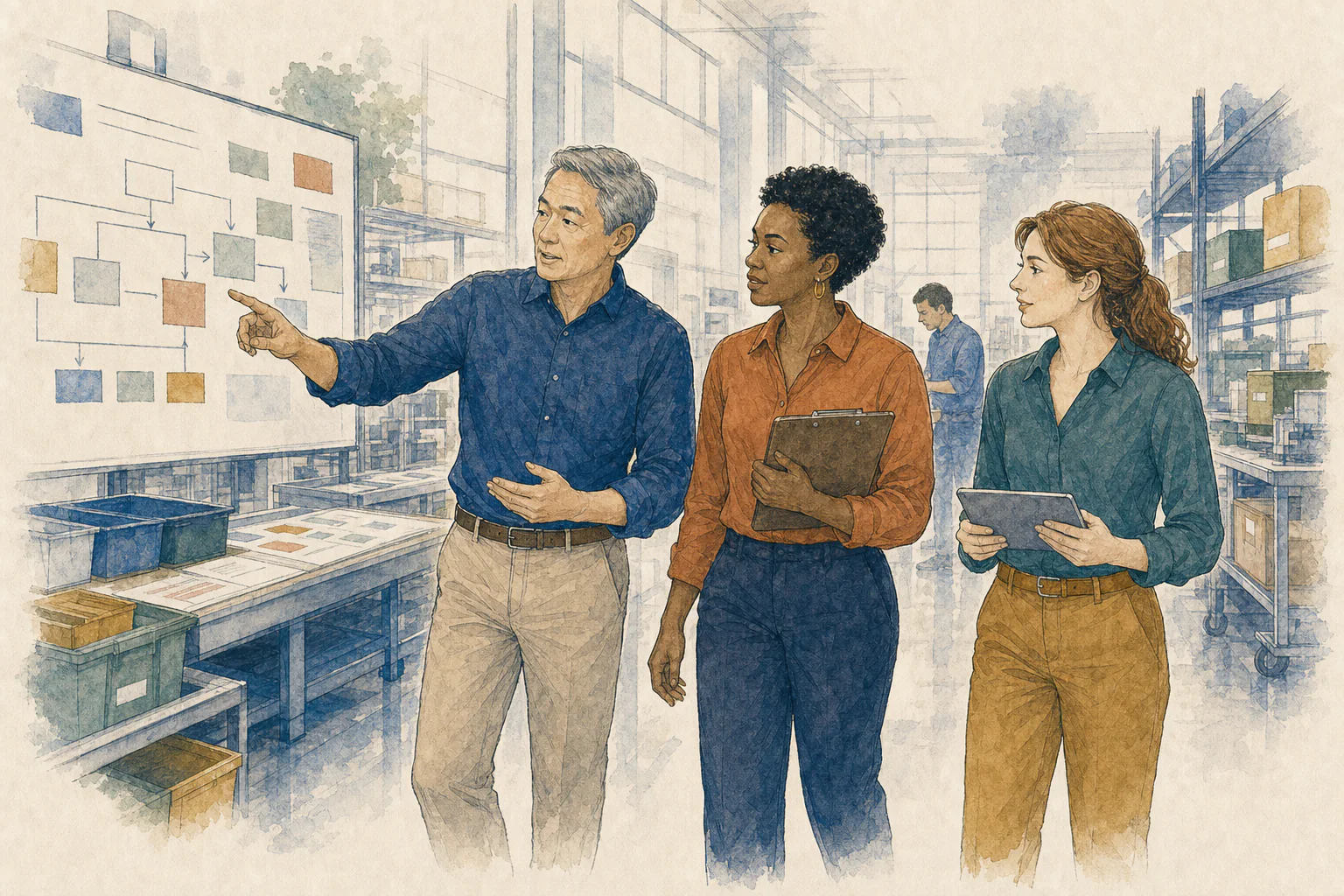 A diverse consulting team reviewing workflows during an operations-facility walk-through