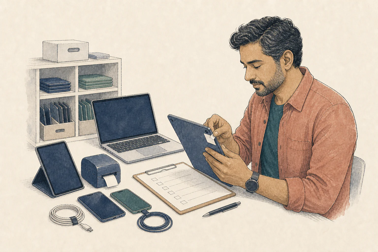 An operations technician labeling and preparing laptops, tablets, and phones for secure use