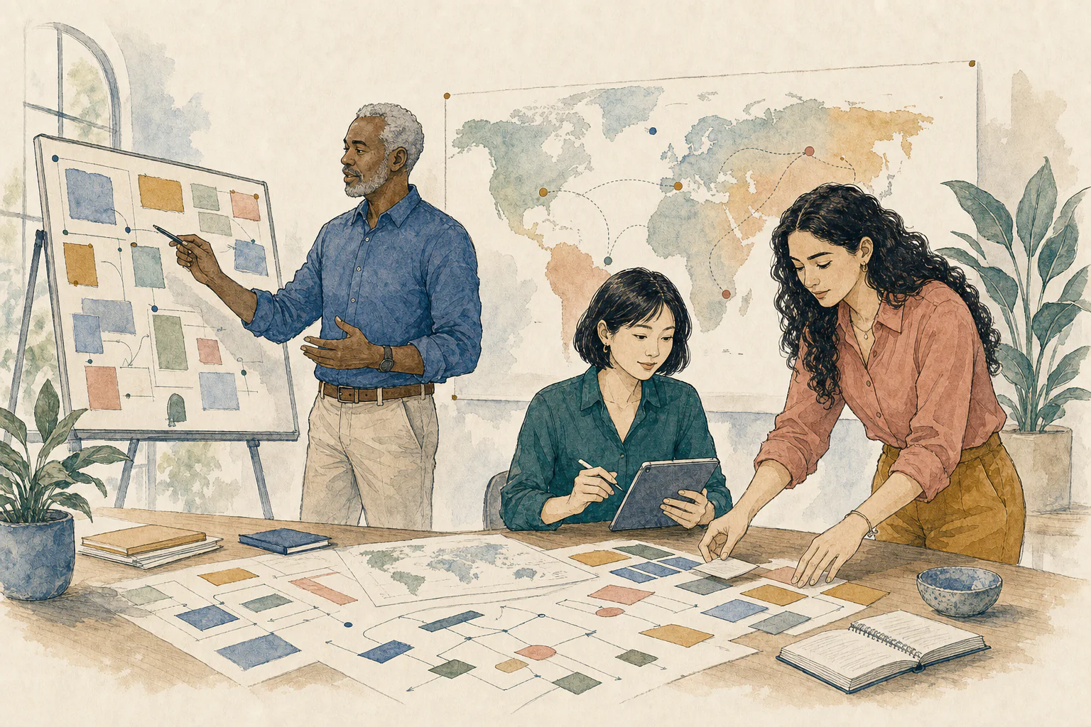 A diverse operations team coordinating international work around a planning board and world map