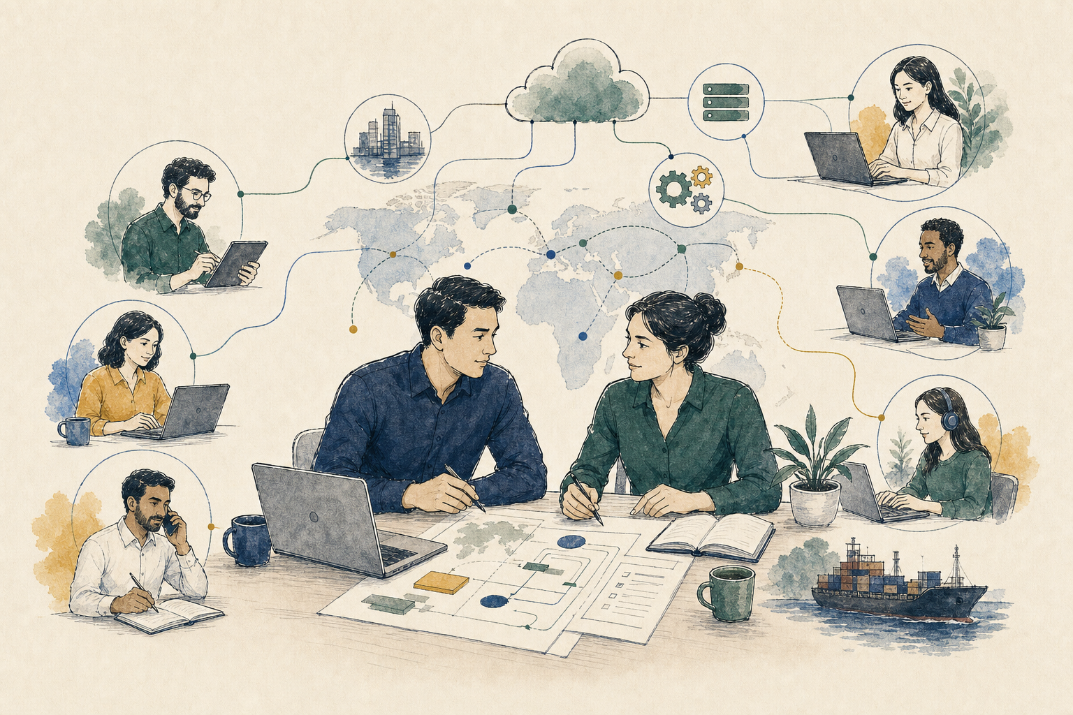 International operations consultants coordinating remote colleagues, systems, and vendors