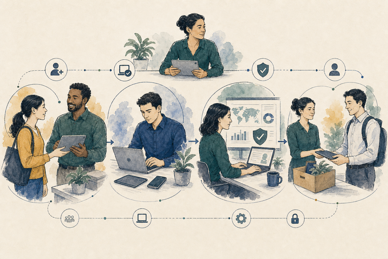Connected operating lifecycle from onboarding and device readiness through secure offboarding