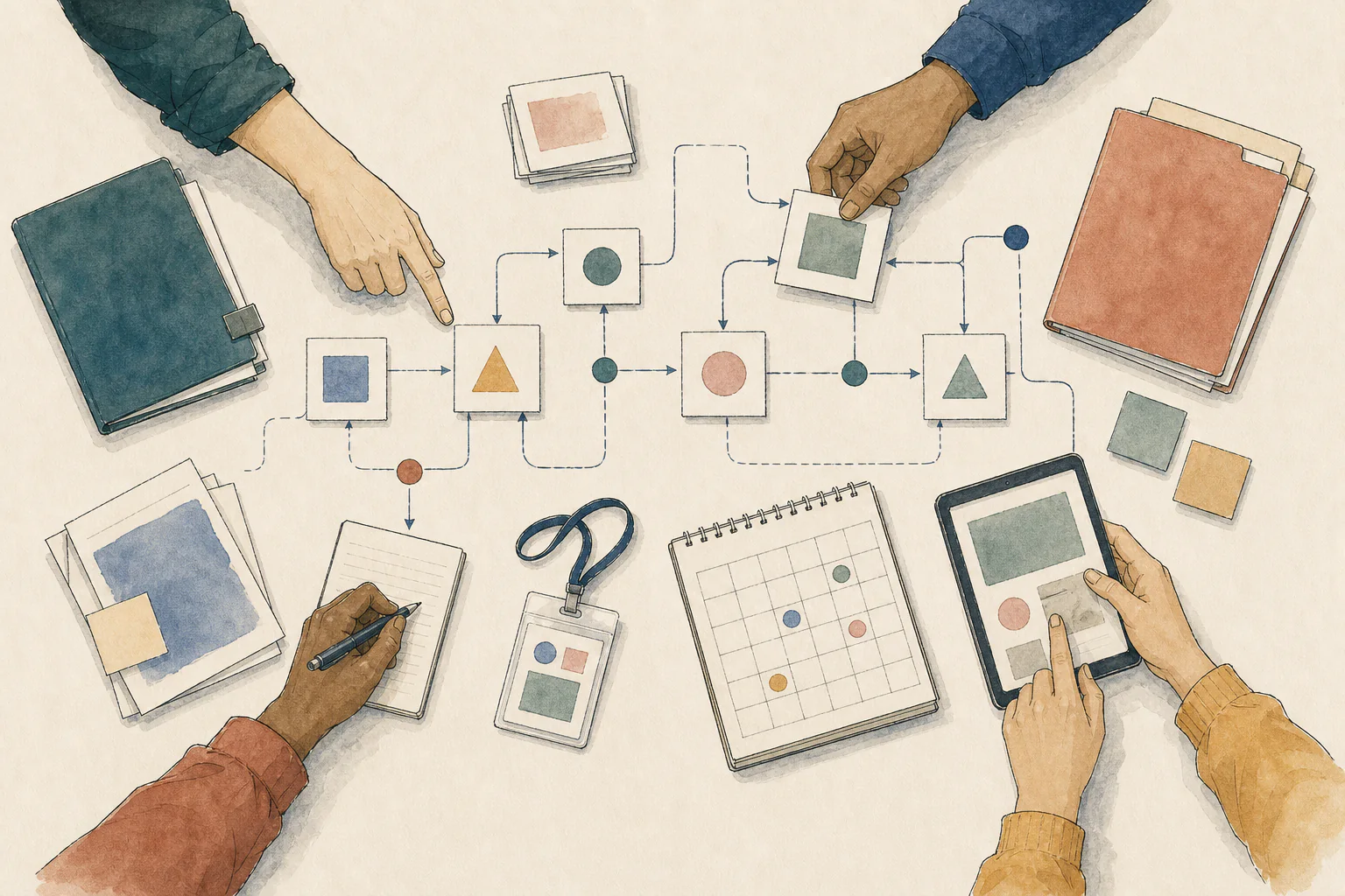Colleagues with varied skin tones mapping a shared workflow from an overhead view