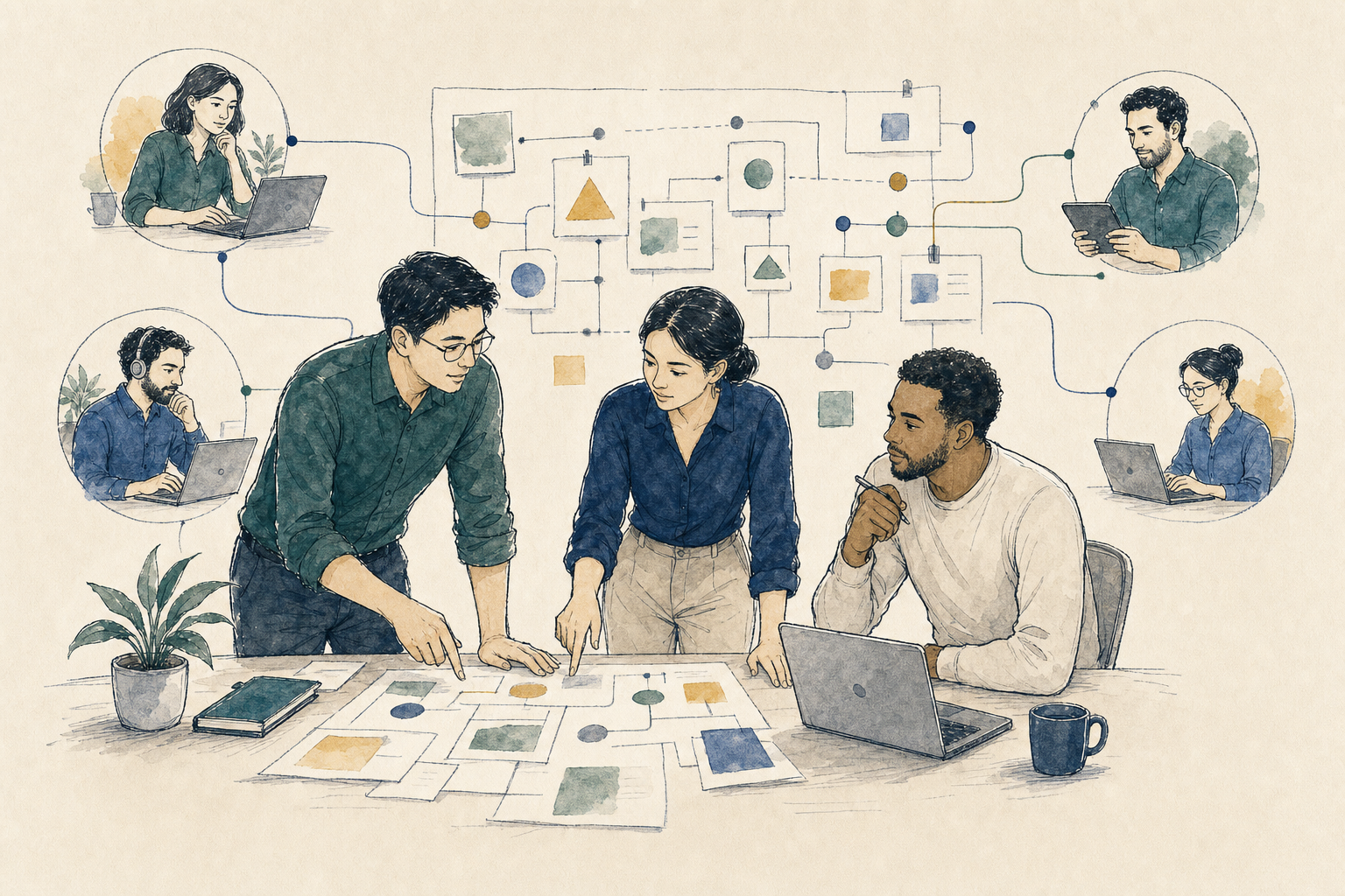 Operations team mapping workflows with colleagues working across locations