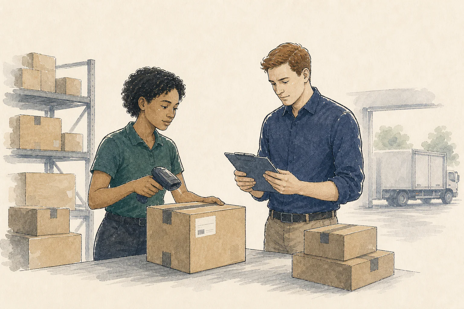Operations professionals scanning and recording a vendor delivery in a receiving area